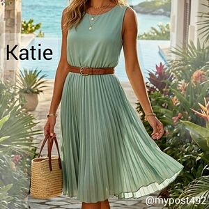 Katie🌿Green Chiffon Pleated Stretchy Waist Midi Dress| Longer Back